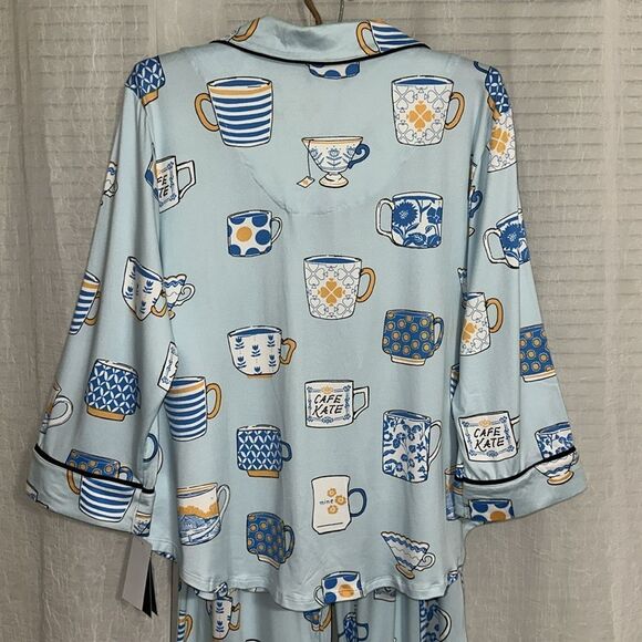 kate spade XLβLight Blue Tea Coffee Print Notch Collar 3/4 Sleeve Pants PJ Set - Picture 14 of 17